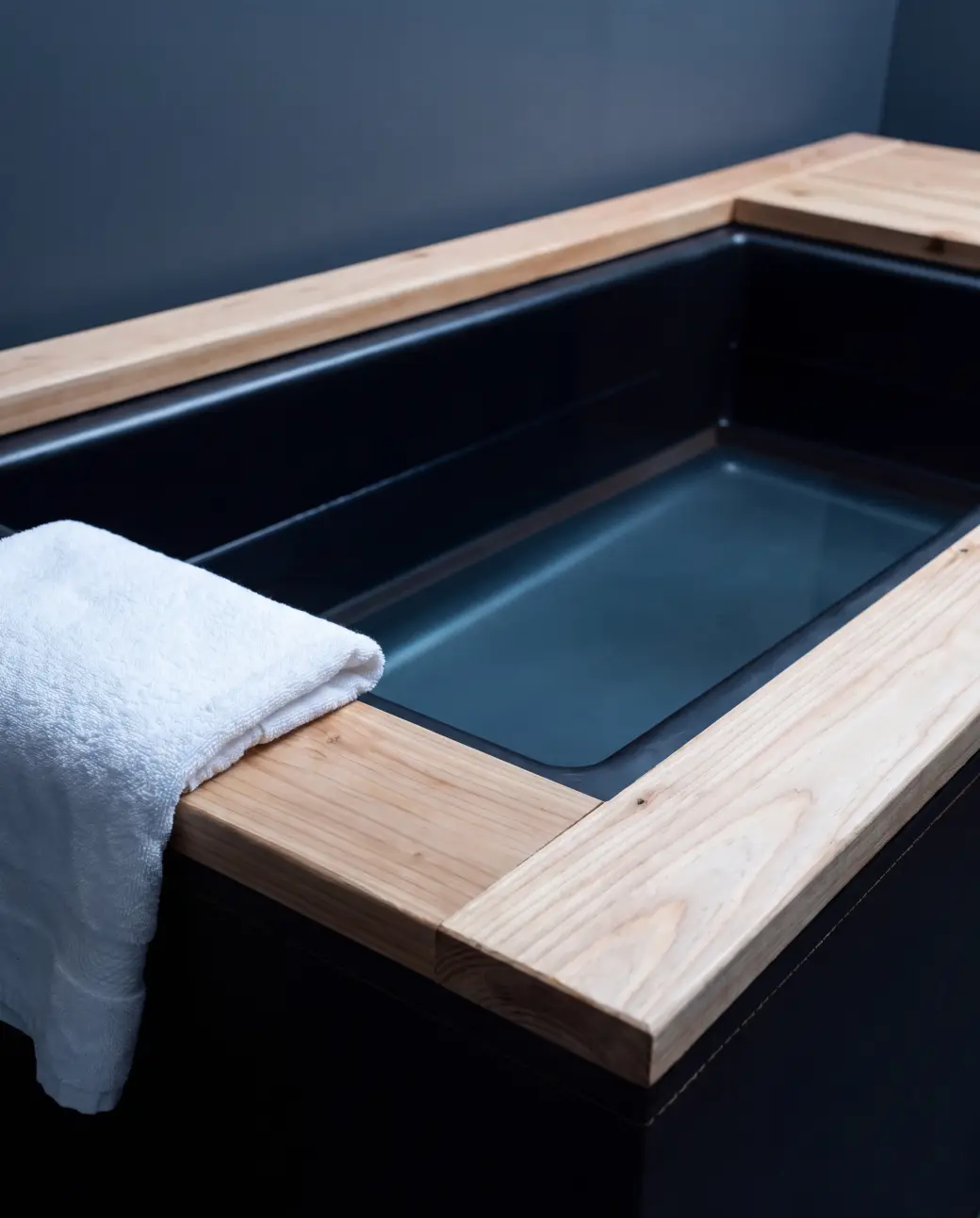 The cold plunge tub at Dr Refresh with a thick wood rim and a towel resting on the edge
