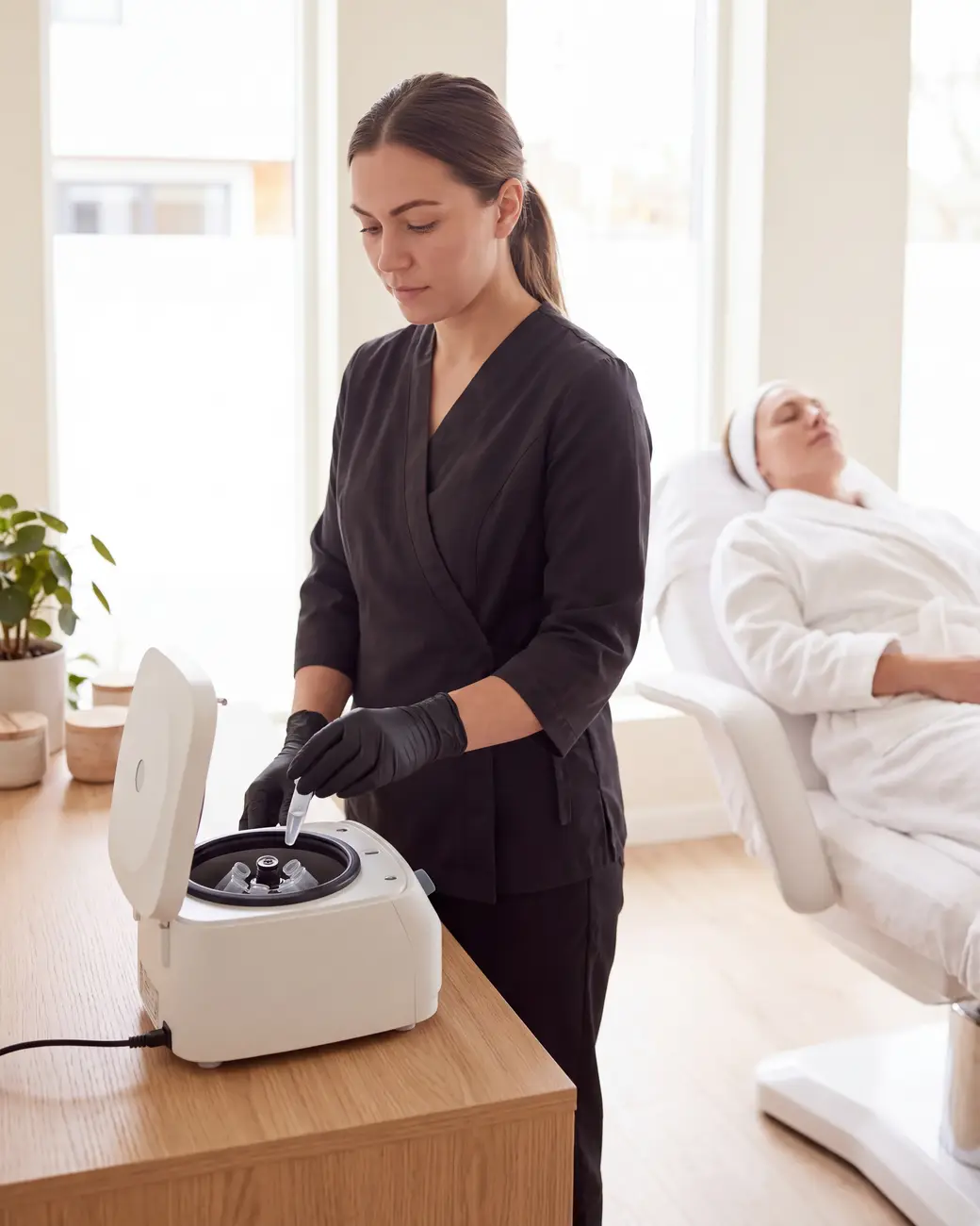 Provider placing a sample tube into a benchtop centrifuge