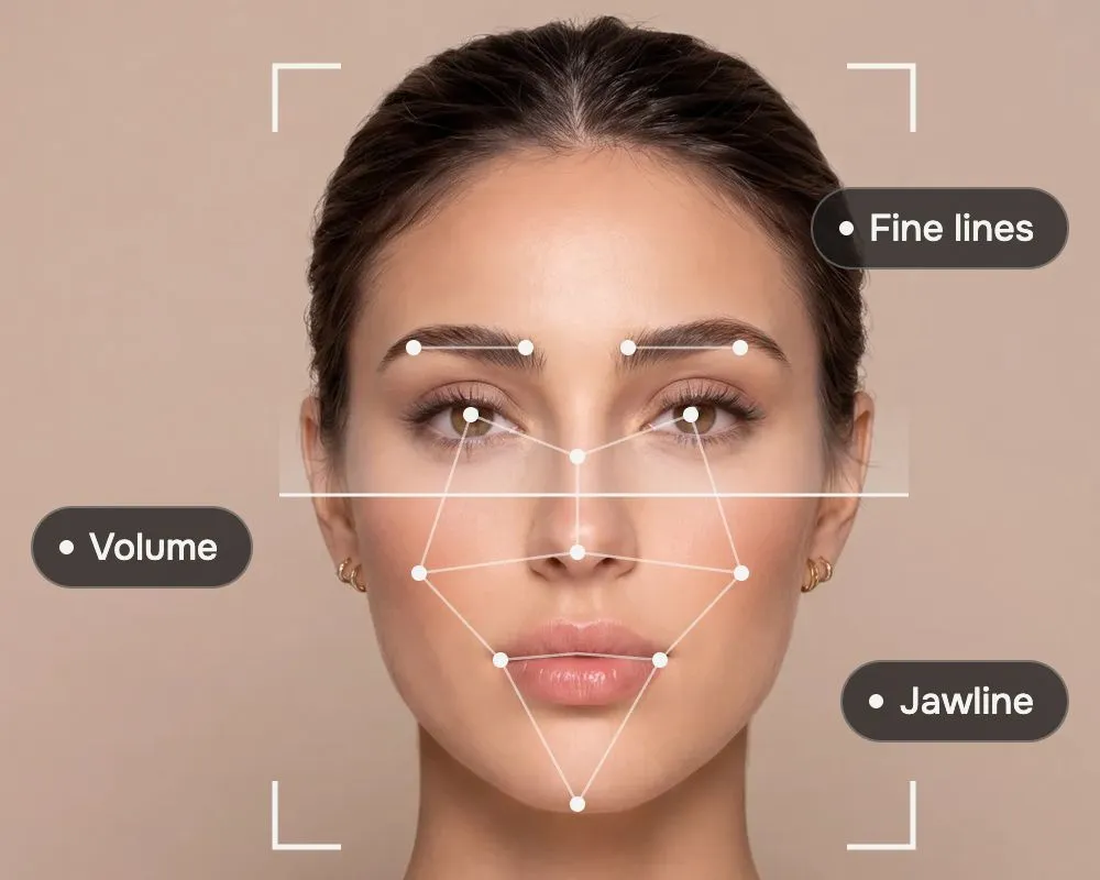 A face scan marking fine lines, volume and jawline